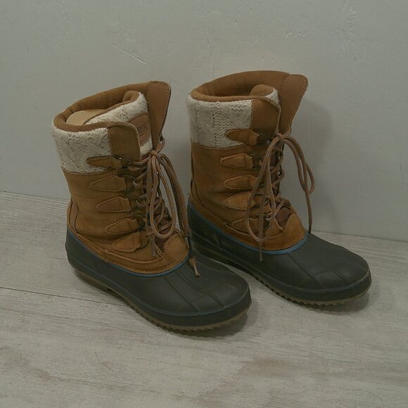 Khombu Cozy Top Sweater Knit Lined Tan Suede Waterproof Winter Snow Boots Size 7 - Picture 4 of 15